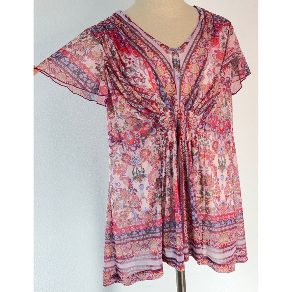 Y2K OneWorld Boho Pink Mesh Floral Top‎ Medium Fairycore Whimsy Relaxed Fit